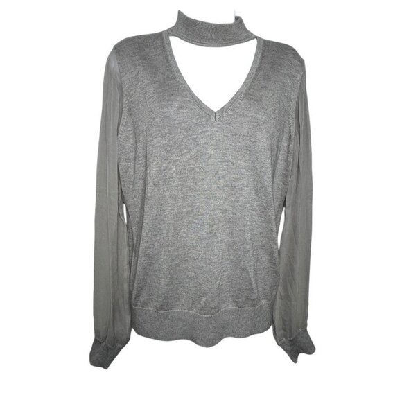 Ramy Brook Sheer Sleeve Sweater Cashmere Silk size Large gray cutout neckline - Picture 1 of 7